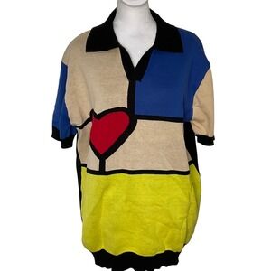 OXKNIT‎ Mens multicolor art jacquard knit Vneck polo shirt sweater retro 70's XL